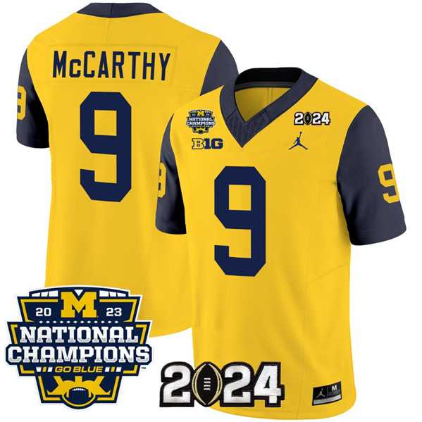 Mens Michigan Wolverines #9 J.J. McCarthy Yellow Navy 2024 F.U.S.E. With 2023 National Champions Patch Stitched Jersey->michigan wolverines->NCAA Jersey